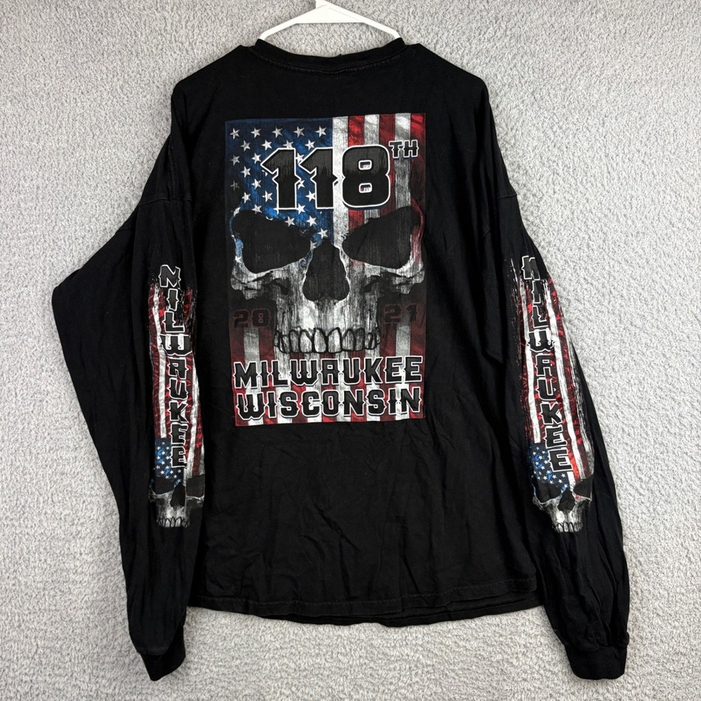 Hot Leathers Shirt Mens 2XL Black Milwaukee Wisconsin Skull Flag Biker Graphic